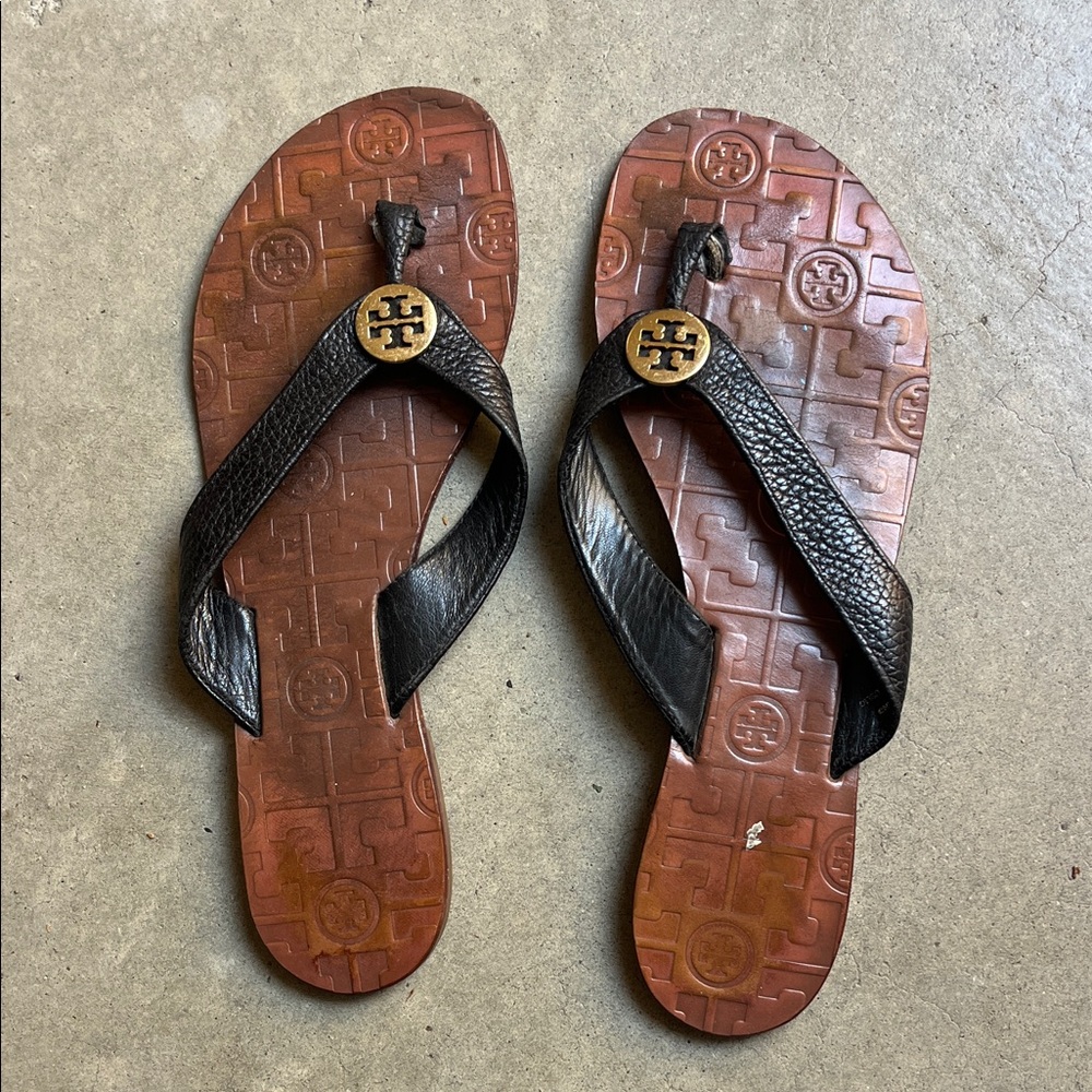 Tory Burch Brown Footbed Sandals with Black Leather Straps and Gold Logo